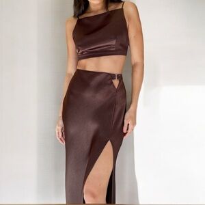 Bec + Bridge x Free People Nadia 2 | XS Brown Crop & High Rise Silky Skirt Set